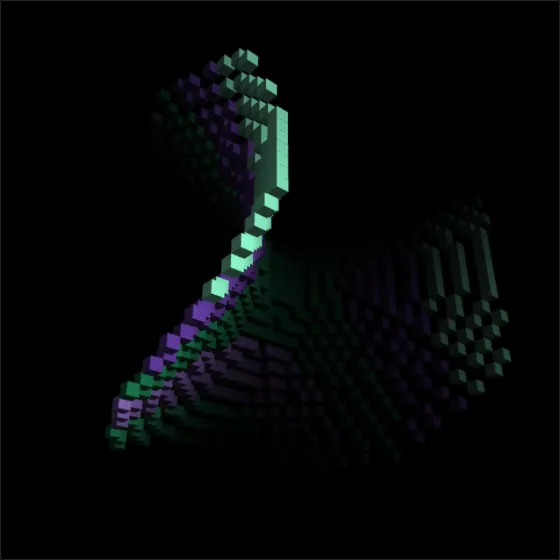 A curved saddle surface in voxels, clipped at the corners