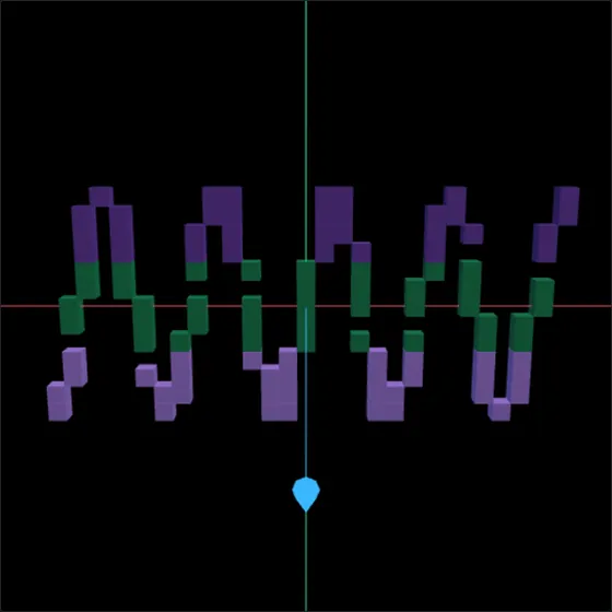 A voxel sine wave across the red x axis, with the green y axis upright and the blue z axis toward the viewer