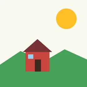 A flat drawing: a red house with a brown door, green hills and a yellow sun