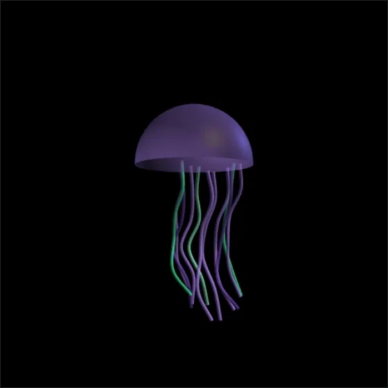 A purple jellyfish with trailing tentacles