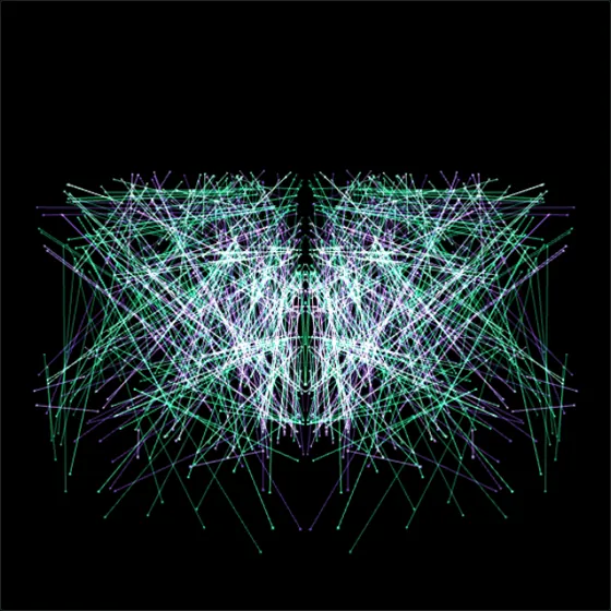 A mirror-symmetric lattice of glowing green and violet lines