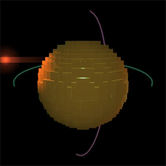 A yellow voxel ball lit orange from the left with a lens flare, circled by a green and a pink streak of light