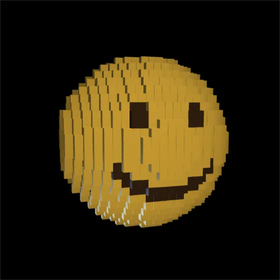 A voxel sphere painted yellow with a dark smiling face