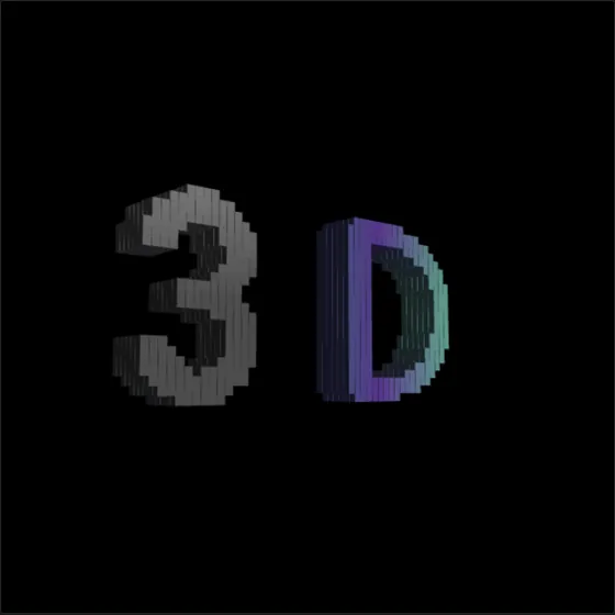 The characters 3 and D as voxel blocks, seen at an angle